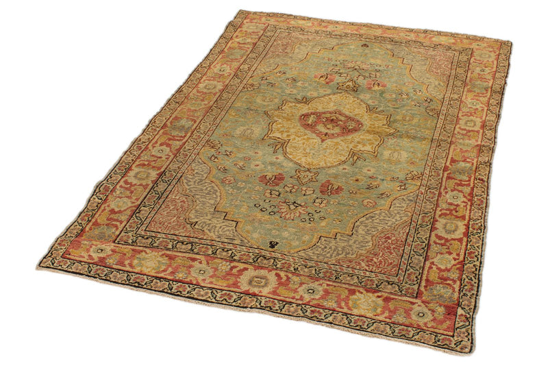 4x6 Green and Red Turkish Oushak Rug