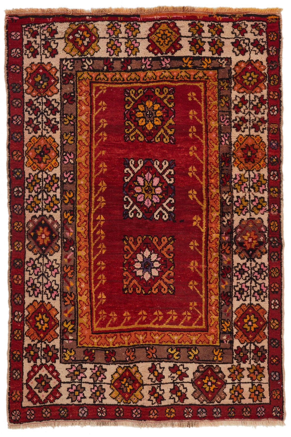 4x6 Red and Ivory Turkish Tribal Rug