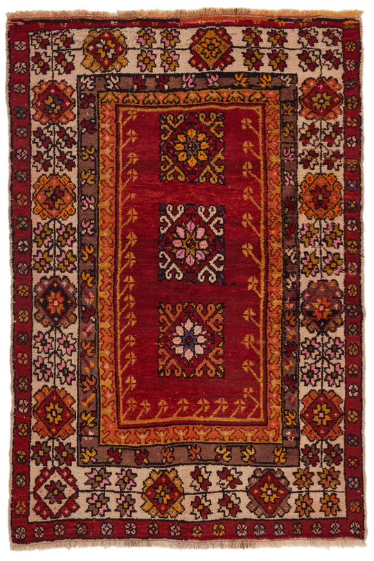 4x6 Red and Ivory Turkish Tribal Rug