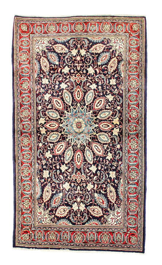 Vintage Handmade 4x8 Navy and Red Anatolian Turkish Silk Hereke Distressed Area Runner