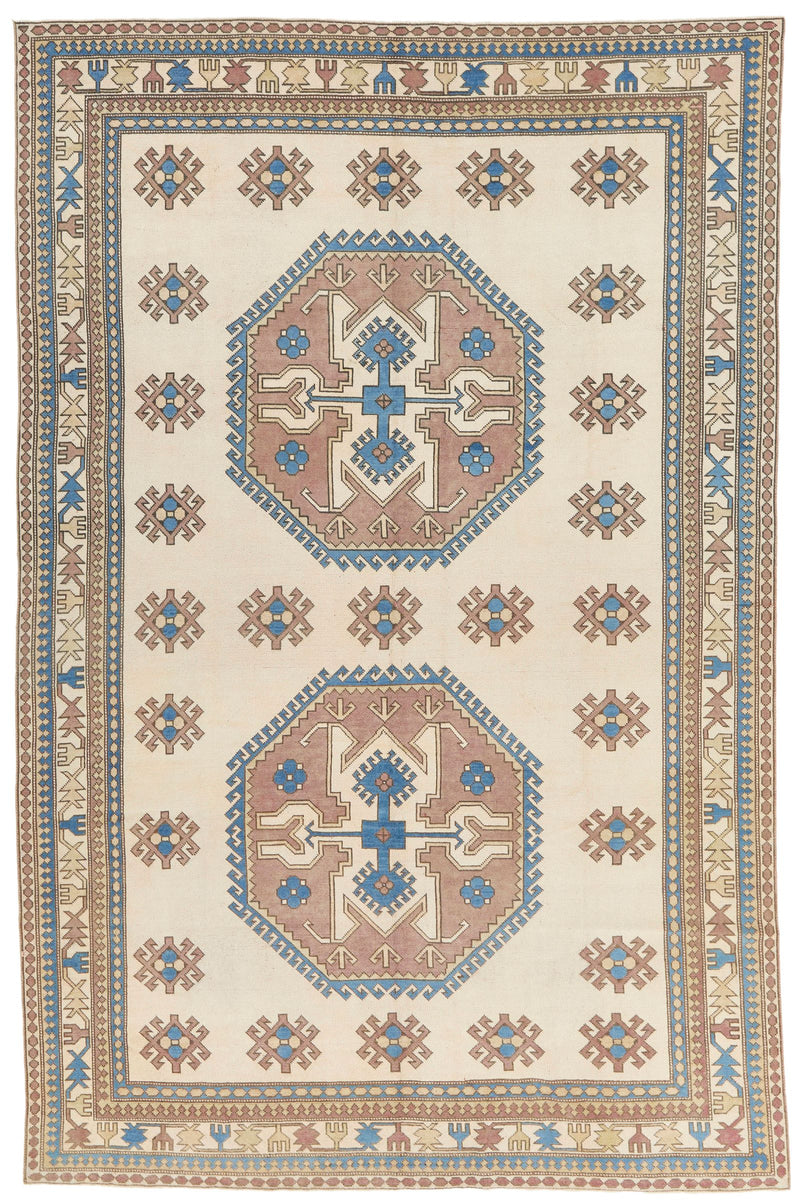 8x12 Ivory and Blue Turkish Tribal Rug