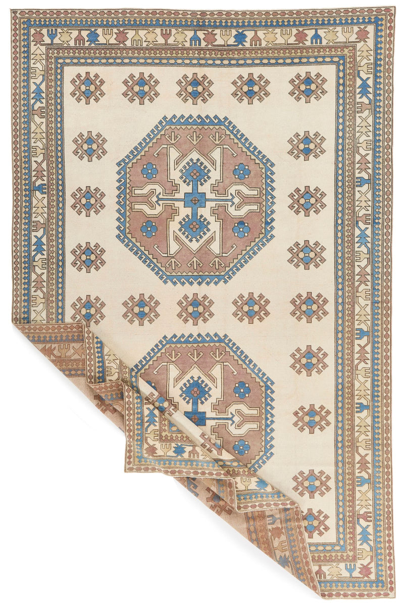 8x12 Ivory and Blue Turkish Tribal Rug