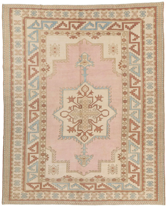 9x11 Pink and Ivory Turkish Tribal Rug