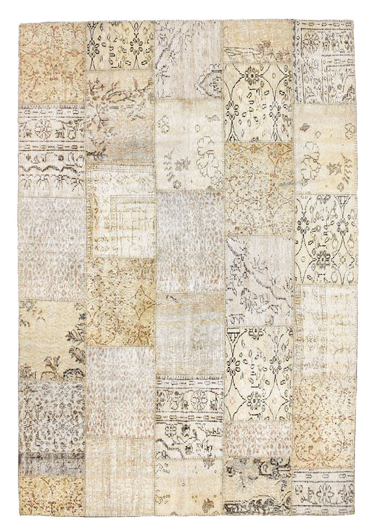 7x10 Beige and Ivory Turkish Patchwork Rug
