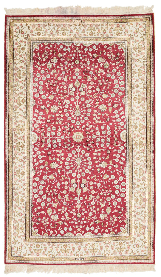 3x5 Red and Ivory Turkish Silk Rug