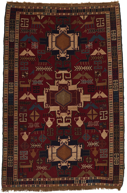 4x6 Red and Multicolor Turkish Tribal Rug