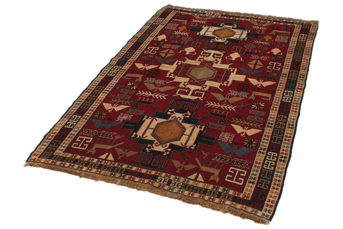 4x6 Red and Multicolor Turkish Tribal Rug