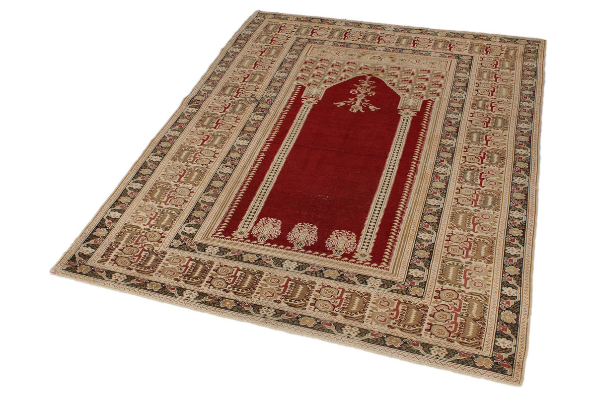 4x6 Red and Ivory Turkish Tribal Rug
