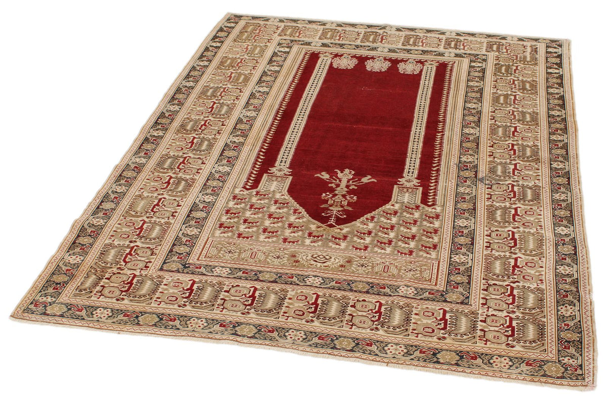 4x6 Red and Ivory Turkish Tribal Rug