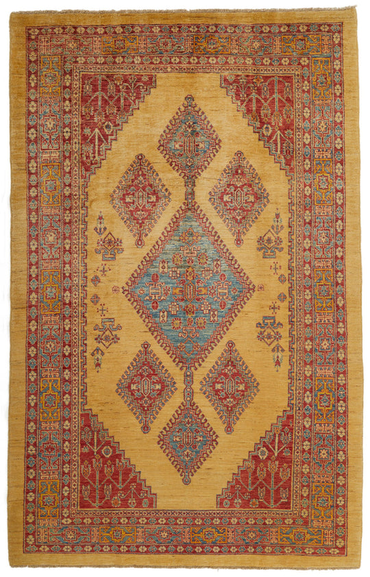 6x9 Gold and Blue Kazak Tribal Rug
