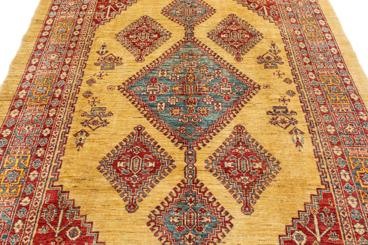 6x9 Gold and Blue Kazak Tribal Rug