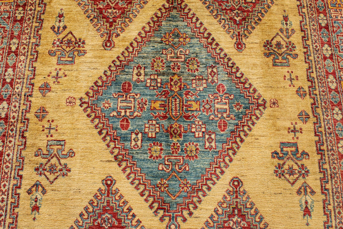 6x9 Gold and Blue Kazak Tribal Rug