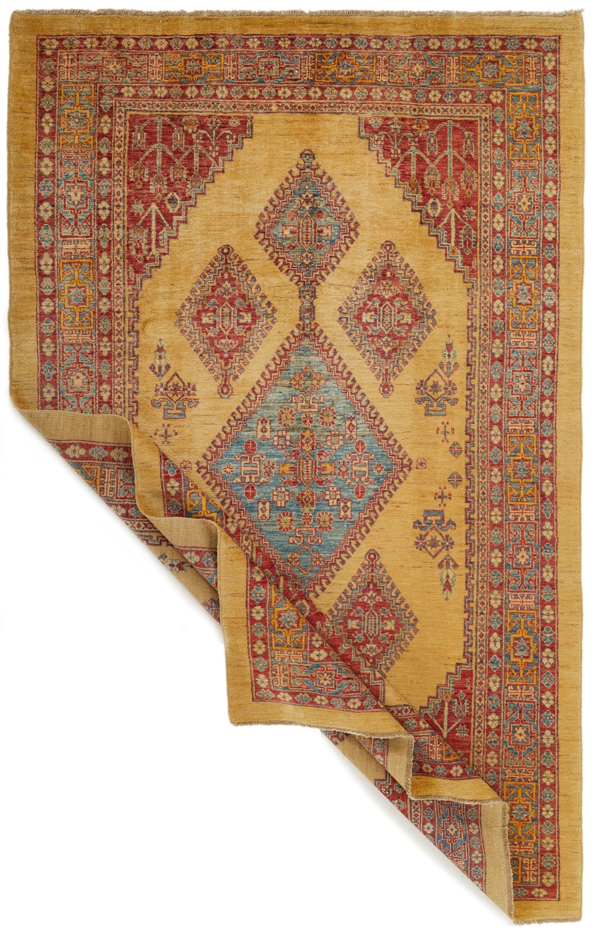 6x9 Gold and Blue Kazak Tribal Rug