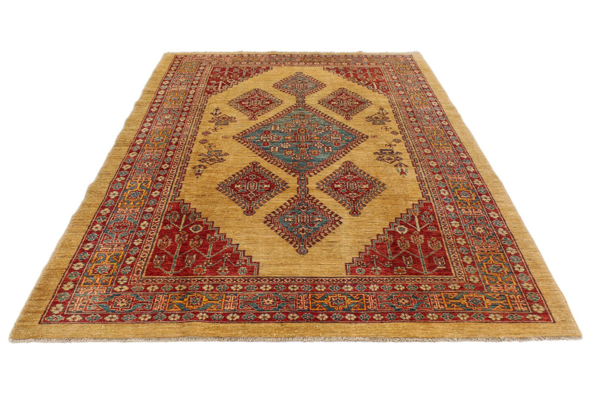 6x9 Gold and Blue Kazak Tribal Rug