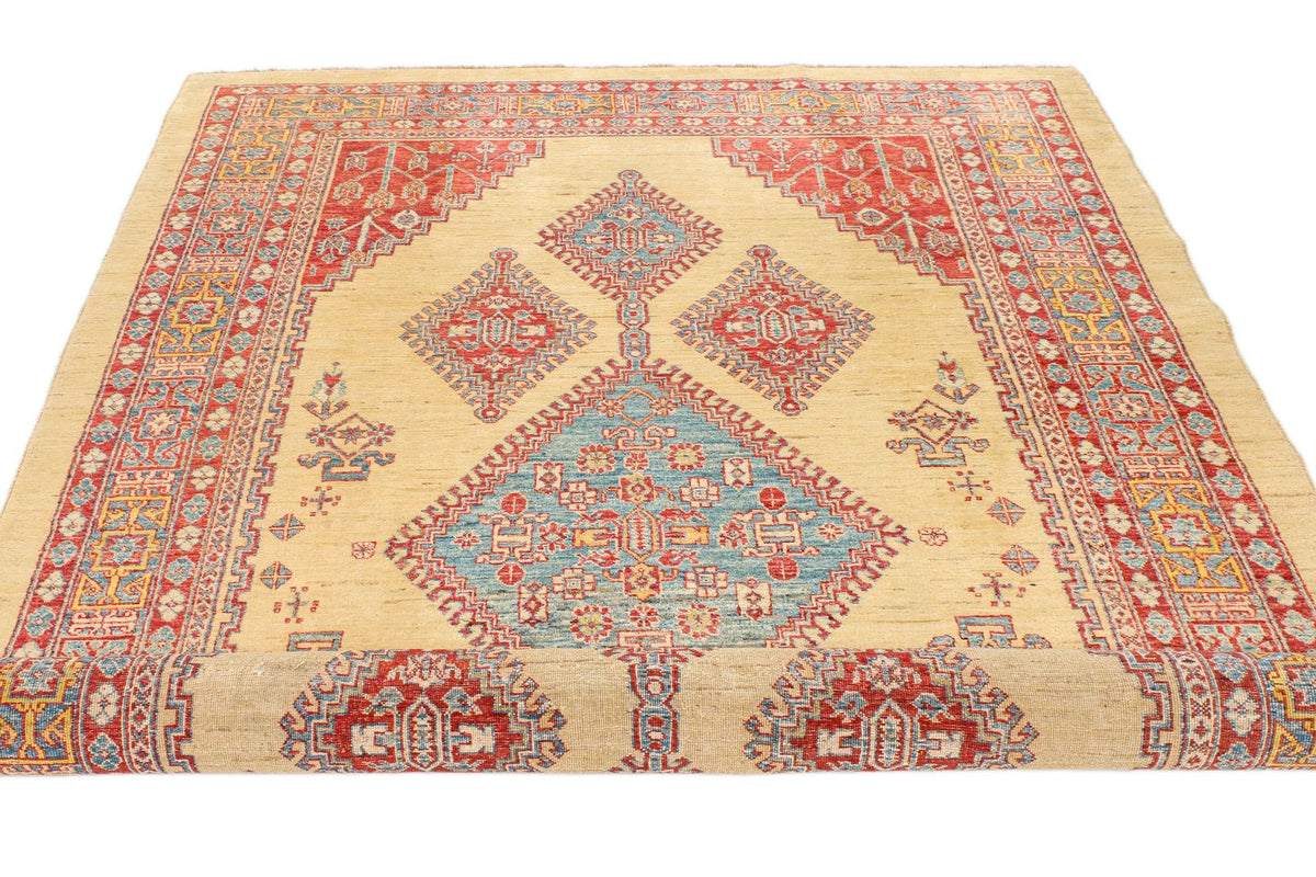 6x9 Gold and Blue Kazak Tribal Rug