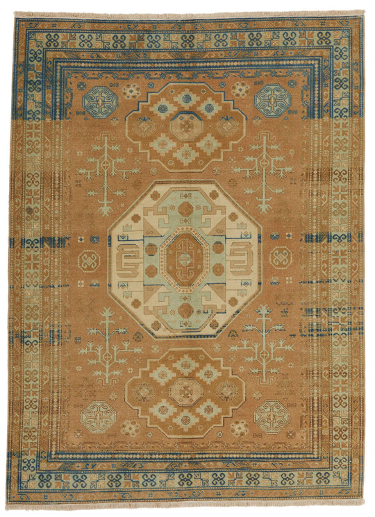 6x8 Brown and Blue Turkish Tribal Rug