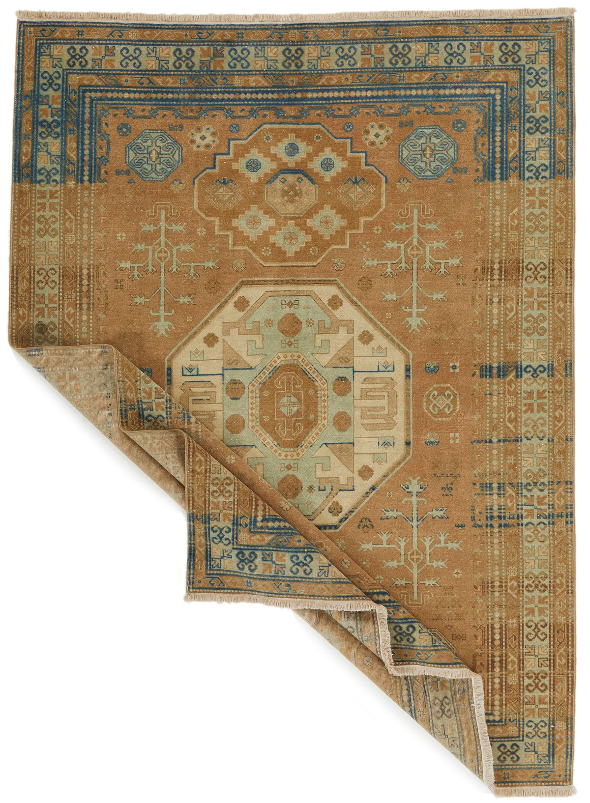 6x8 Brown and Blue Turkish Tribal Rug