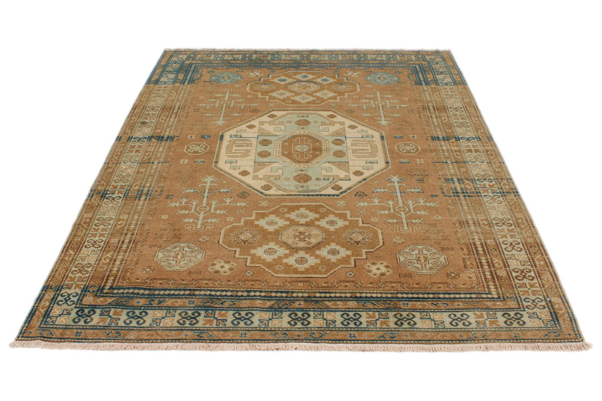 6x8 Brown and Blue Turkish Tribal Rug