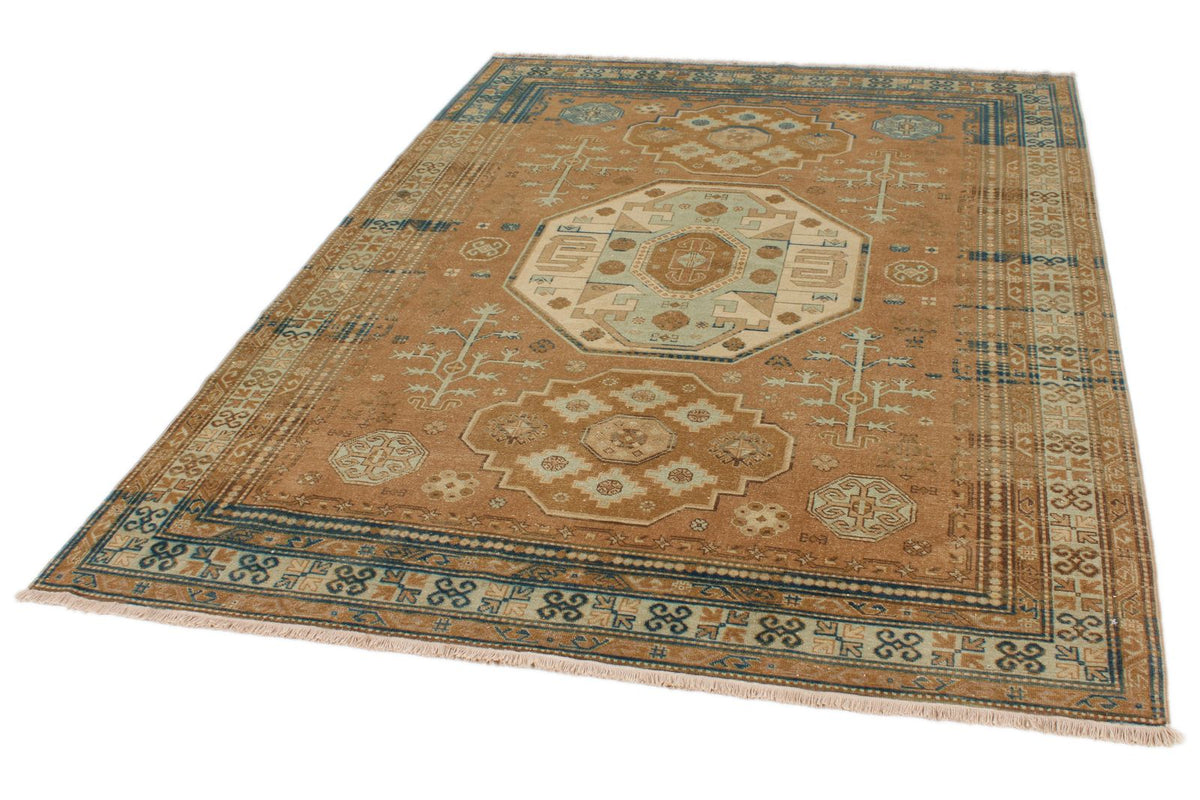 6x8 Brown and Blue Turkish Tribal Rug