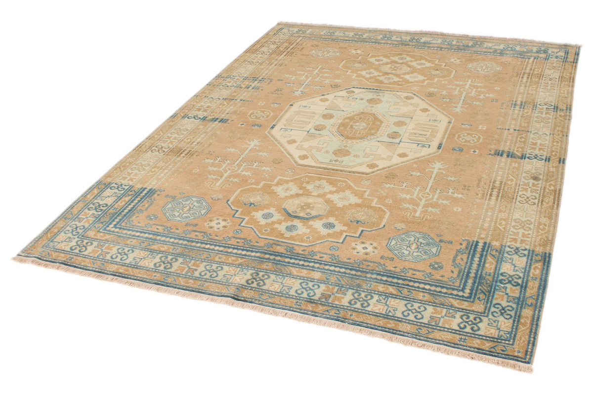 6x8 Brown and Blue Turkish Tribal Rug