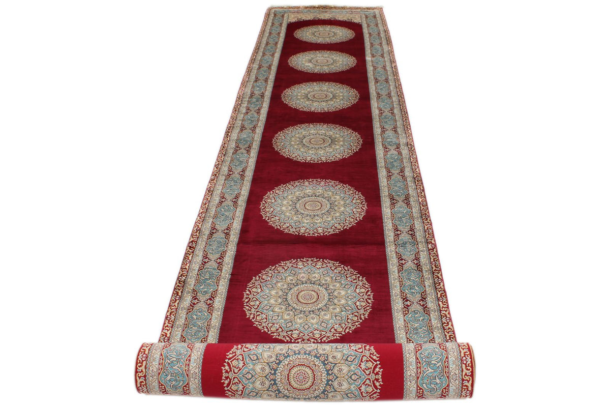 3x21 Red and Light Blue Turkish Silk Runner
