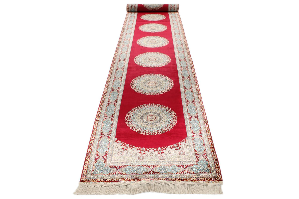 3x21 Red and Light Blue Turkish Silk Runner