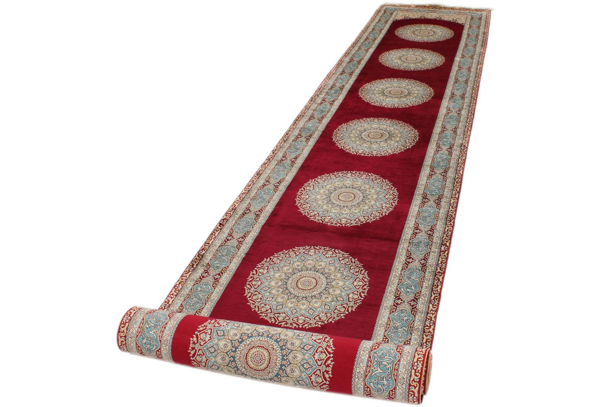 3x21 Red and Light Blue Turkish Silk Runner