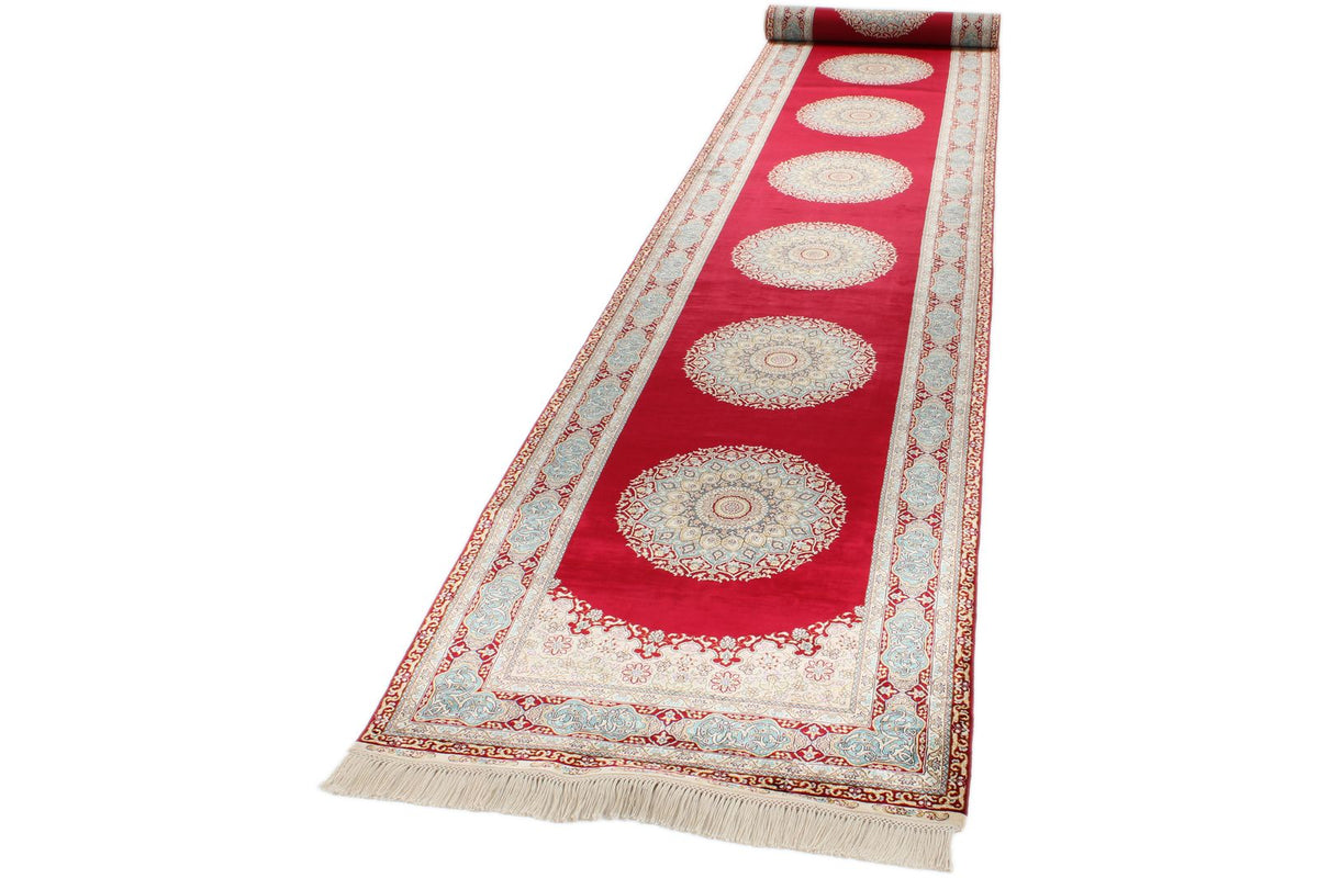 3x21 Red and Light Blue Turkish Silk Runner