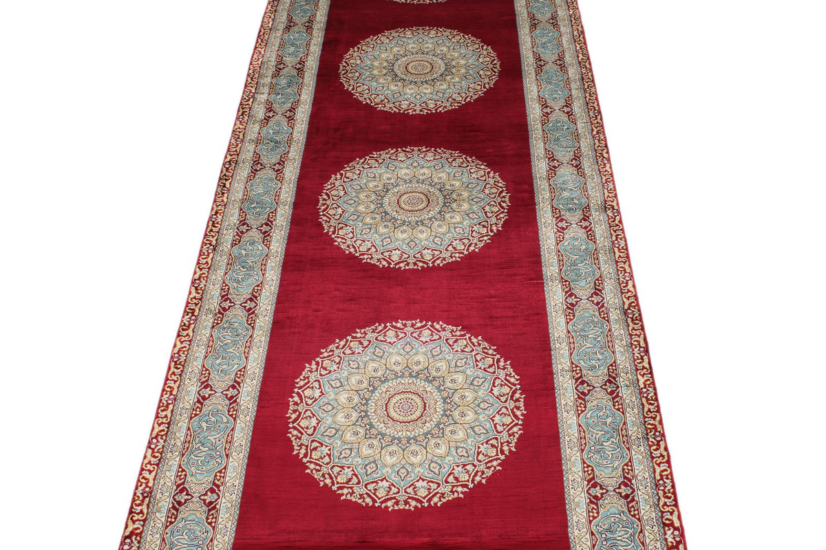 3x21 Red and Light Blue Turkish Silk Runner