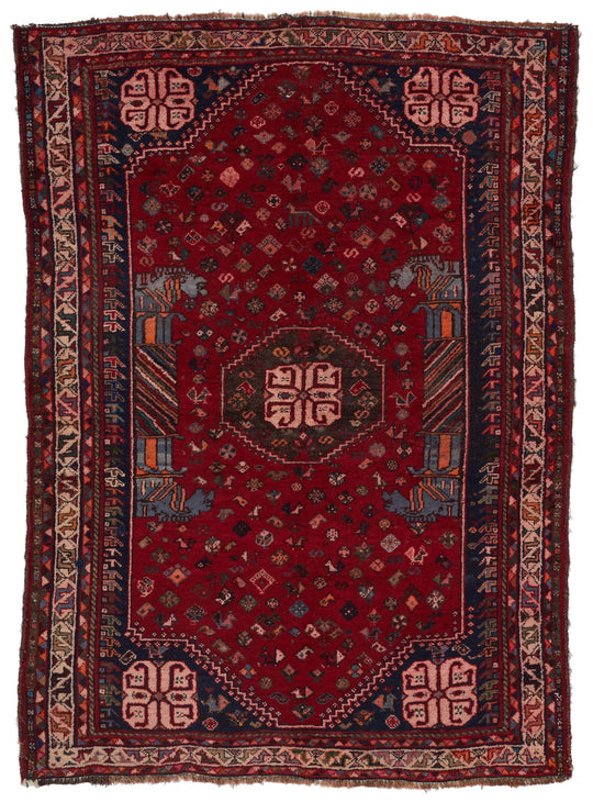 4x5 Red and Ivory Turkish Tribal Rug