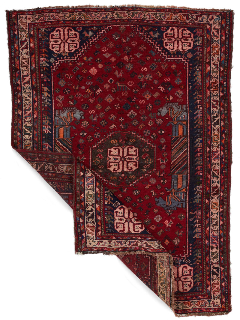 4x5 Red and Ivory Turkish Tribal Rug