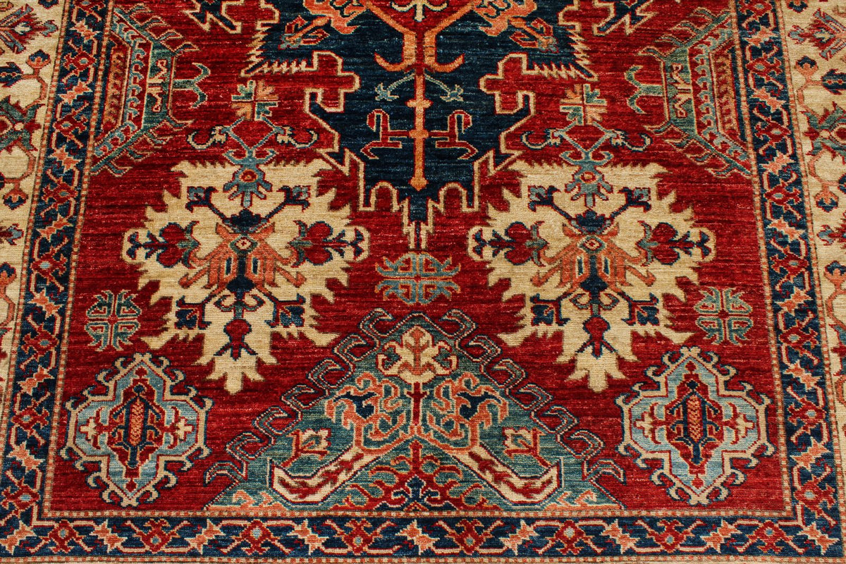 6x8 Red and Ivory Kazak Tribal Rug