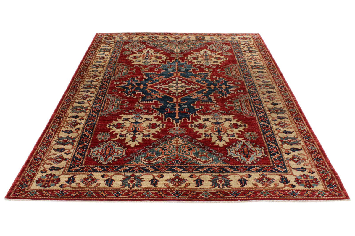 6x8 Red and Ivory Kazak Tribal Rug