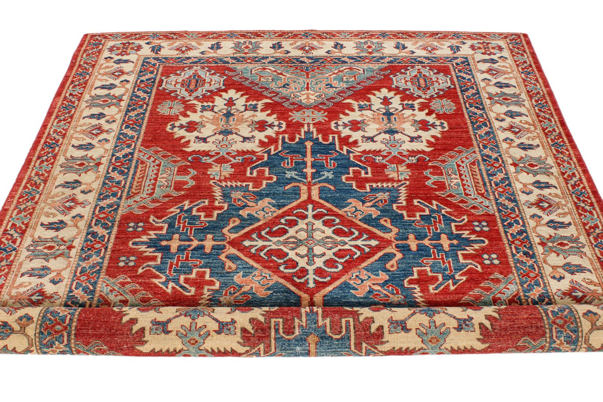 6x8 Red and Ivory Kazak Tribal Rug