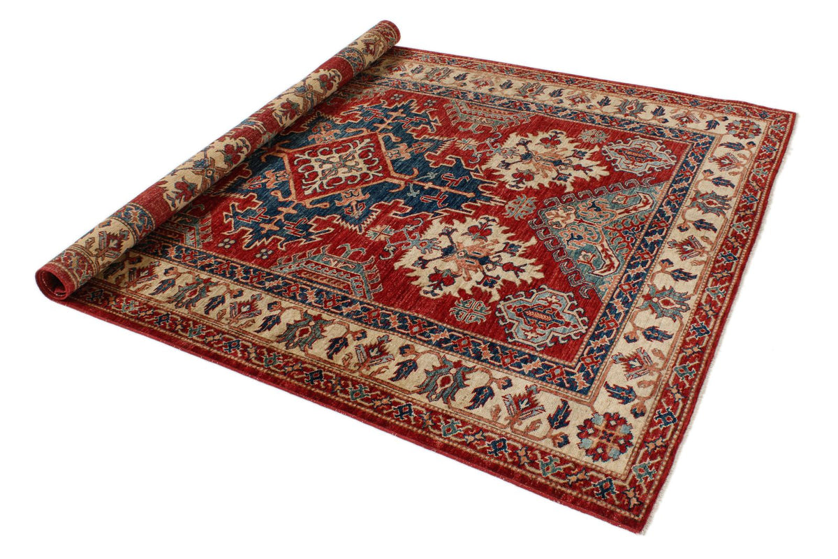 6x8 Red and Ivory Kazak Tribal Rug