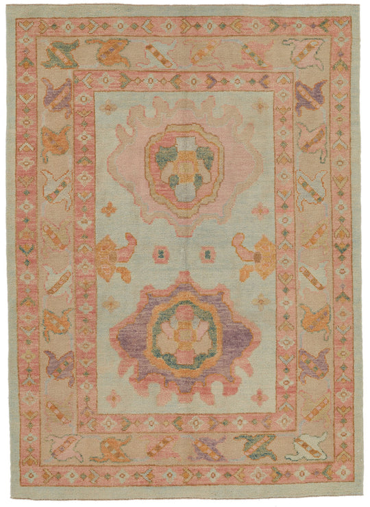 5x7 Green and Pink Turkish Oushak Rug