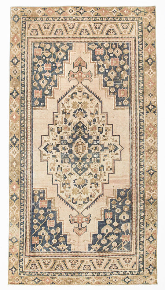 5x10 Navy and Ivory Turkish Tribal Rug
