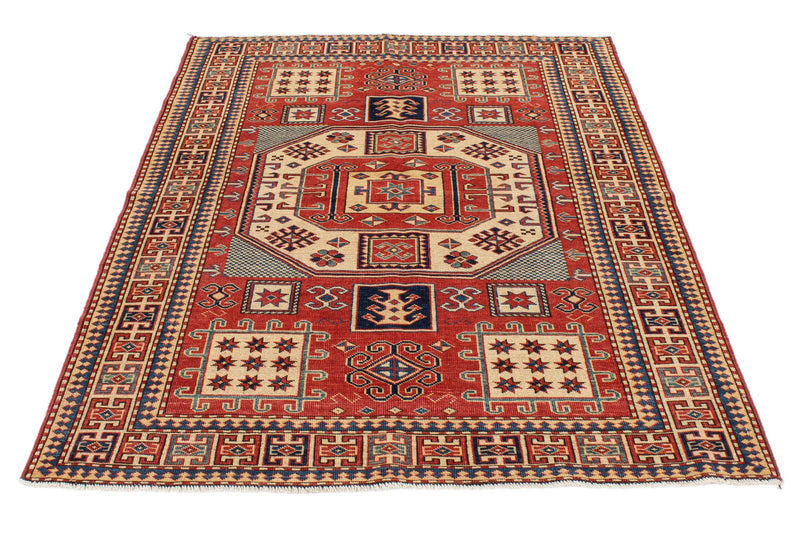 4x6 Red and Ivory Turkish Tribal Rug