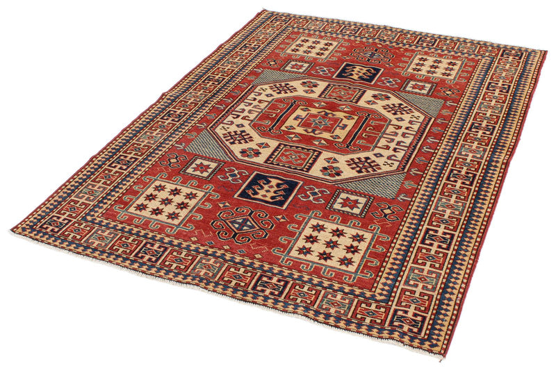 4x6 Red and Ivory Turkish Tribal Rug