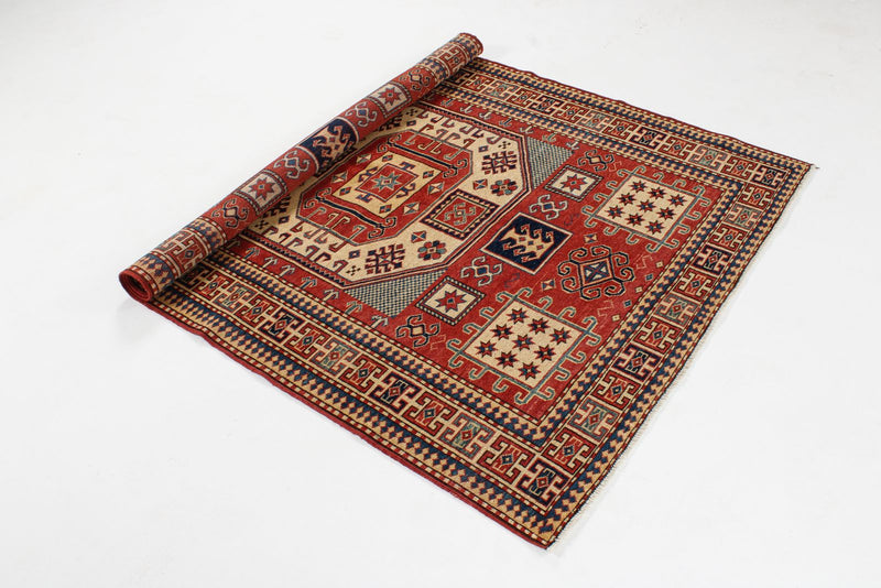 4x6 Red and Ivory Turkish Tribal Rug