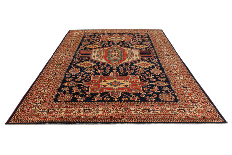 8x12 Navy and Ivory Turkish Tribal Rug