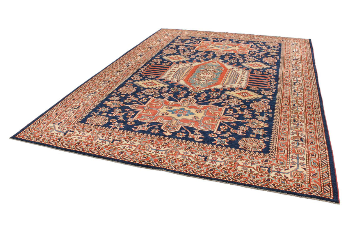 8x12 Navy and Ivory Turkish Tribal Rug