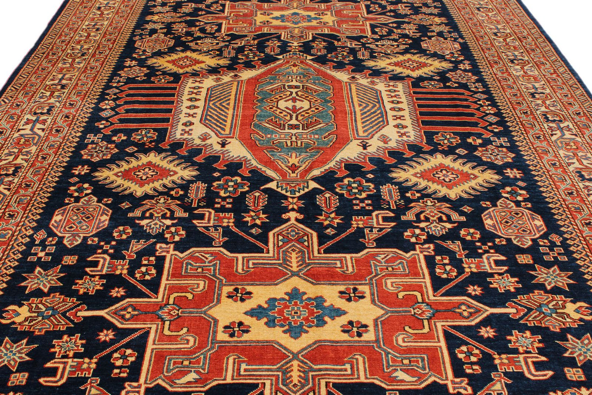 8x12 Navy and Ivory Turkish Tribal Rug