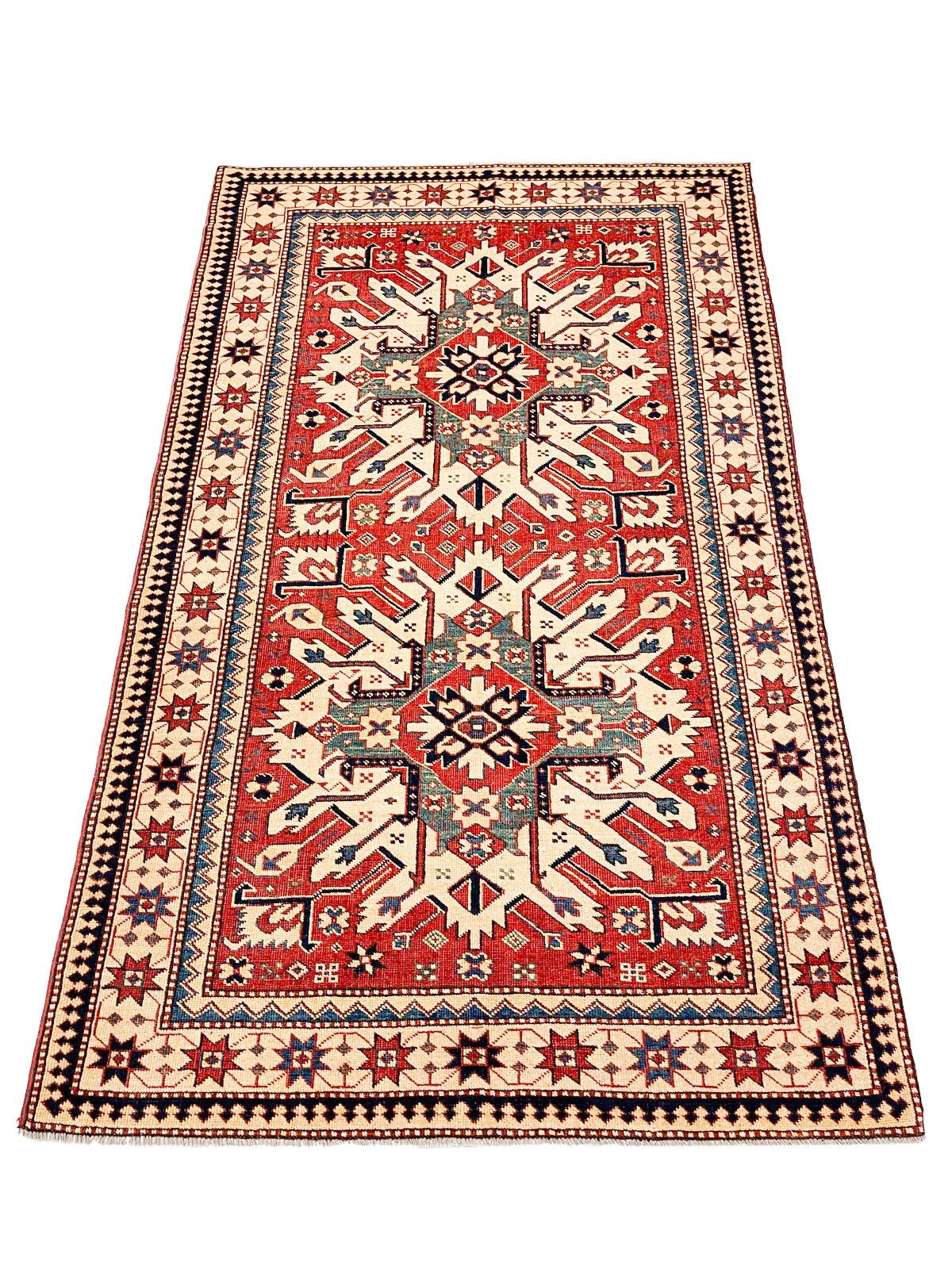 4x6 Red and Ivory Turkish Tribal Rug