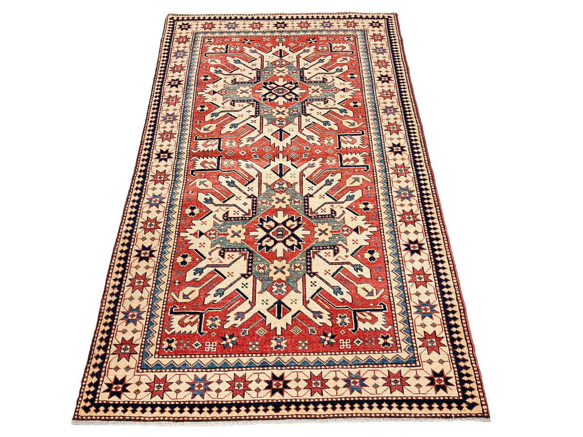4x6 Red and Ivory Turkish Tribal Rug