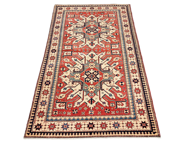 4x6 Red and Ivory Turkish Tribal Rug