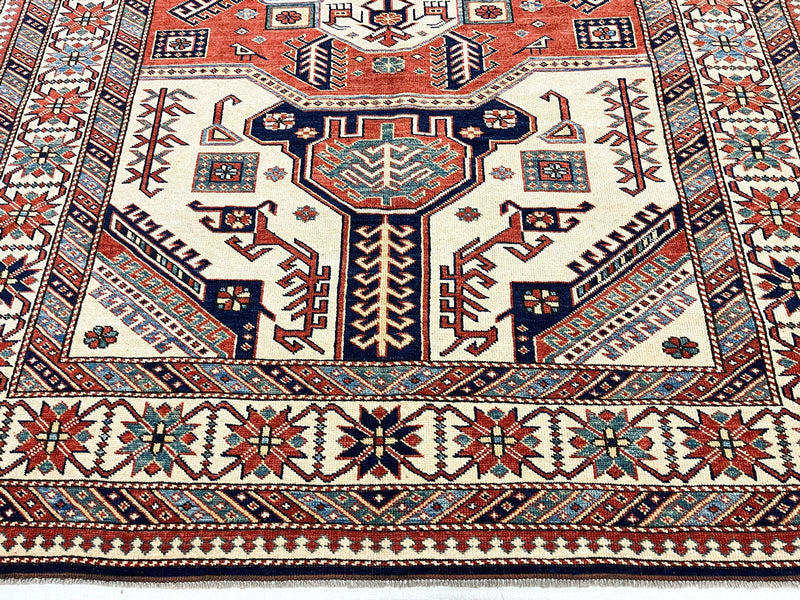 6x8 Red and Ivory Turkish Tribal Rug