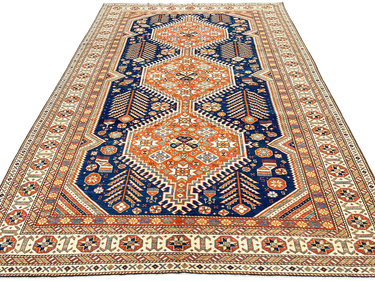 7x10 Navy and Ivory Turkish Tribal Rug
