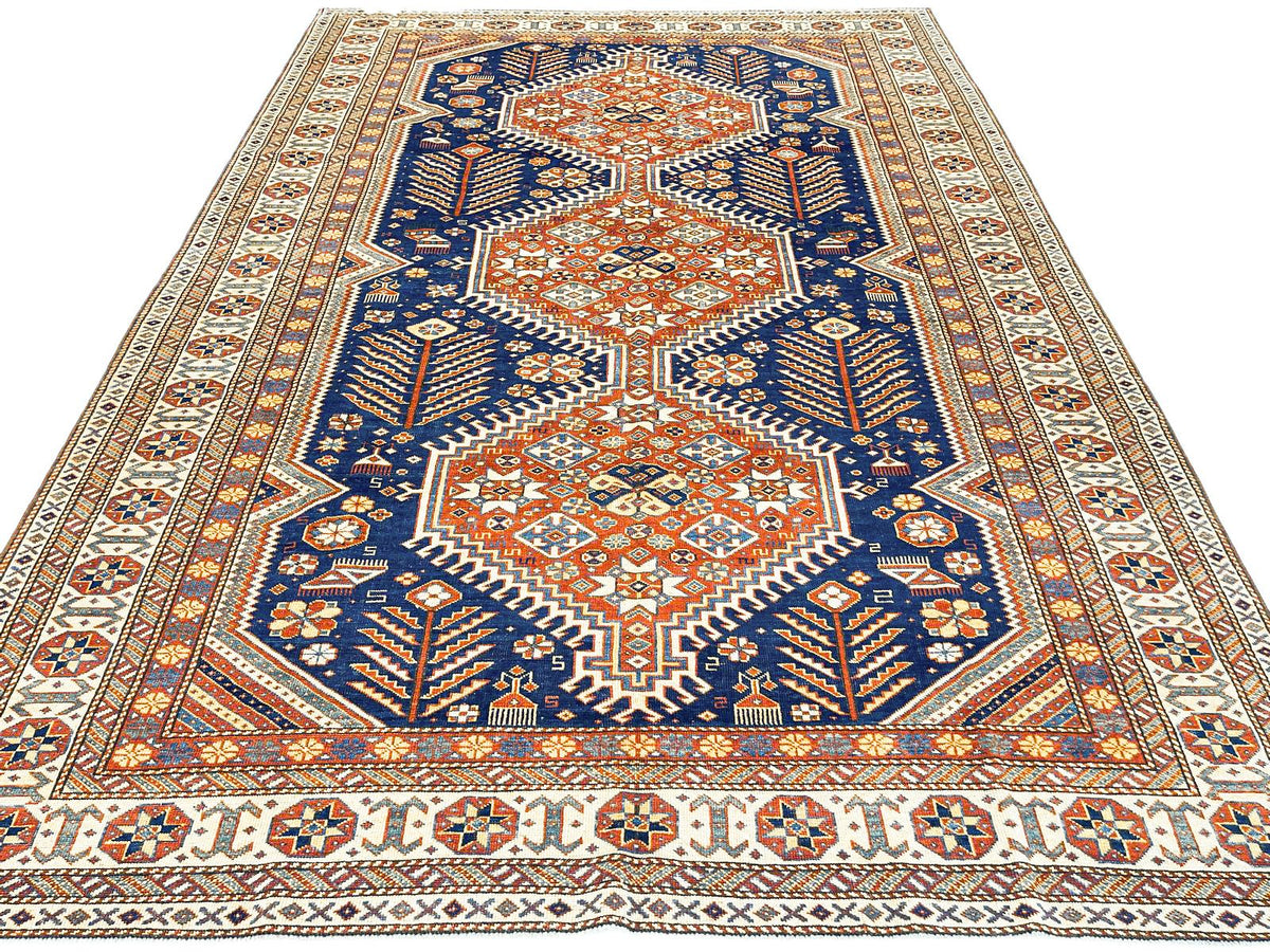 7x10 Navy and Ivory Turkish Tribal Rug