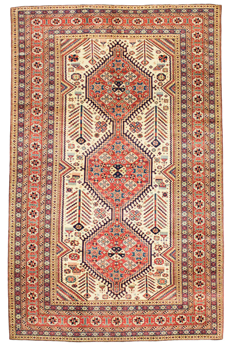 7x11 Ivory and Red Turkish Tribal Rug